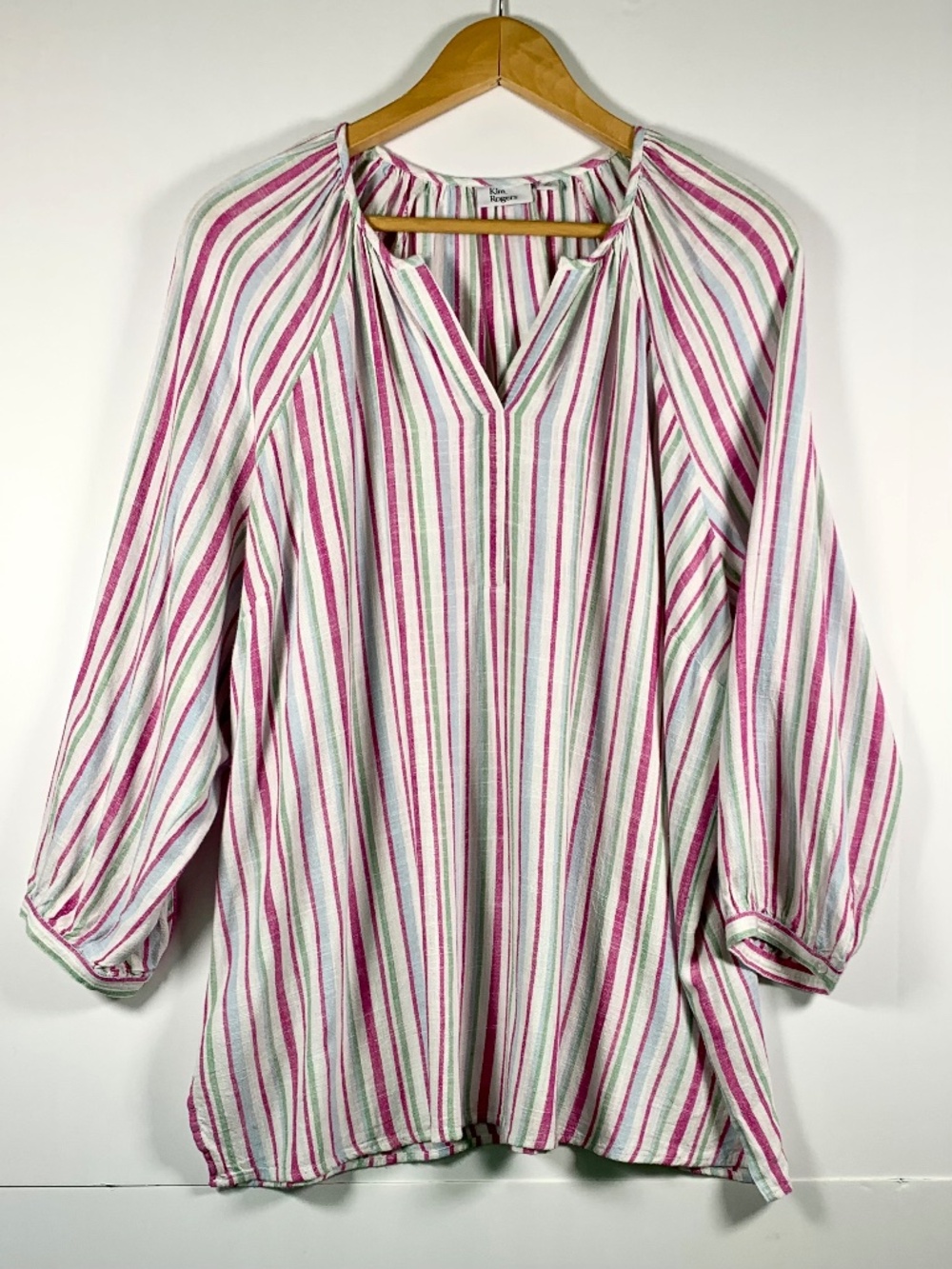Kim Rogers V-Neck Flowy Striped Tunic Blouse Pink Green Blue Linen Blend Boho